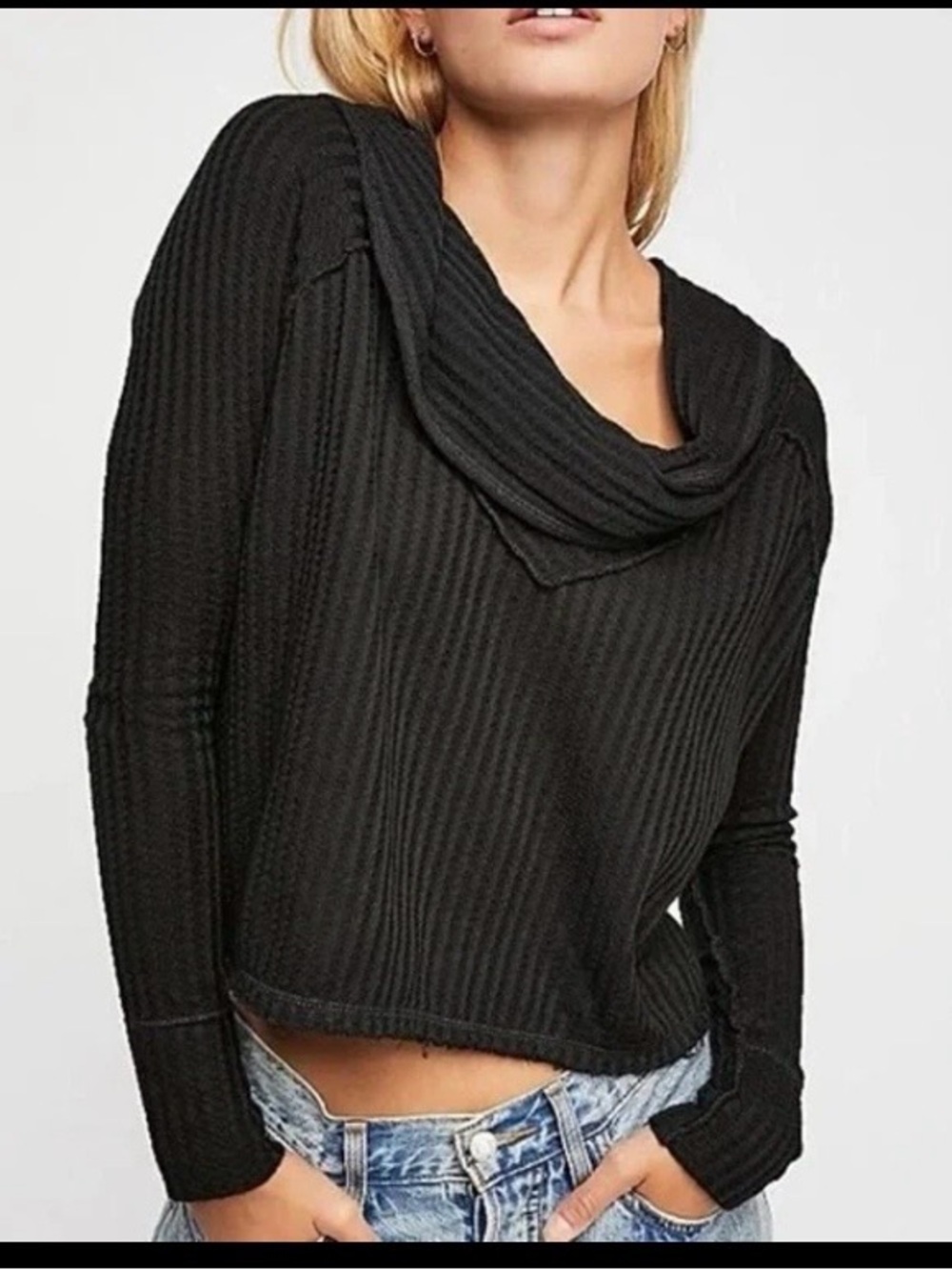 Free People We The Free Black Waffle Knit Hooded Wildcat Thermal Top M Crop